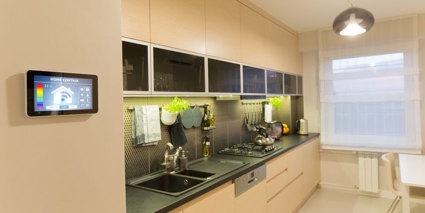 A kitchen with smart technology devices